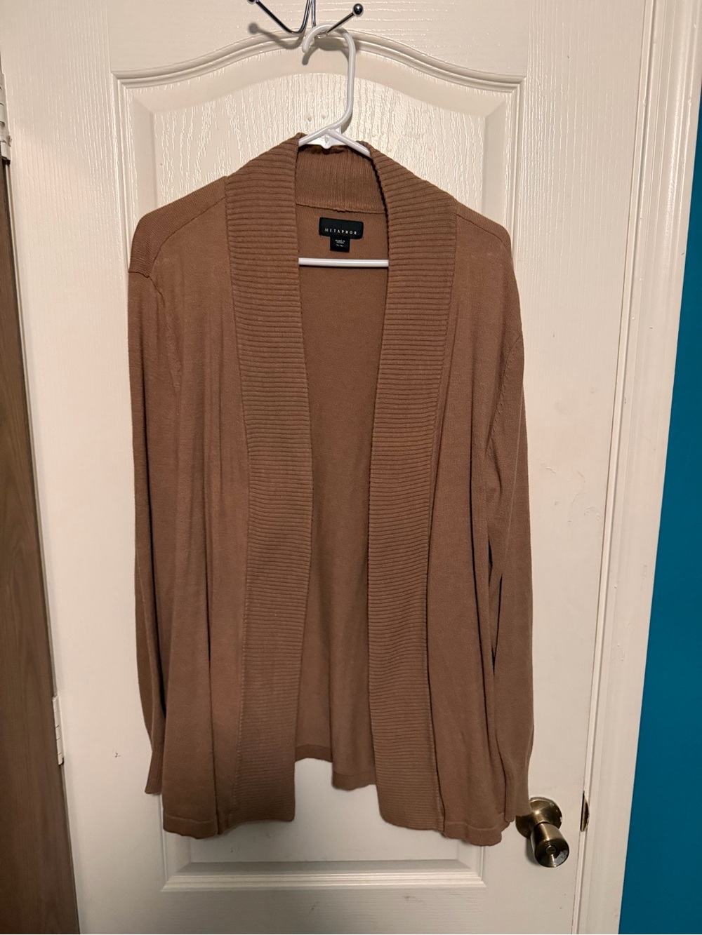 Metaphor Open-Front Camel Cardigan with Ribbed Shawl Collar